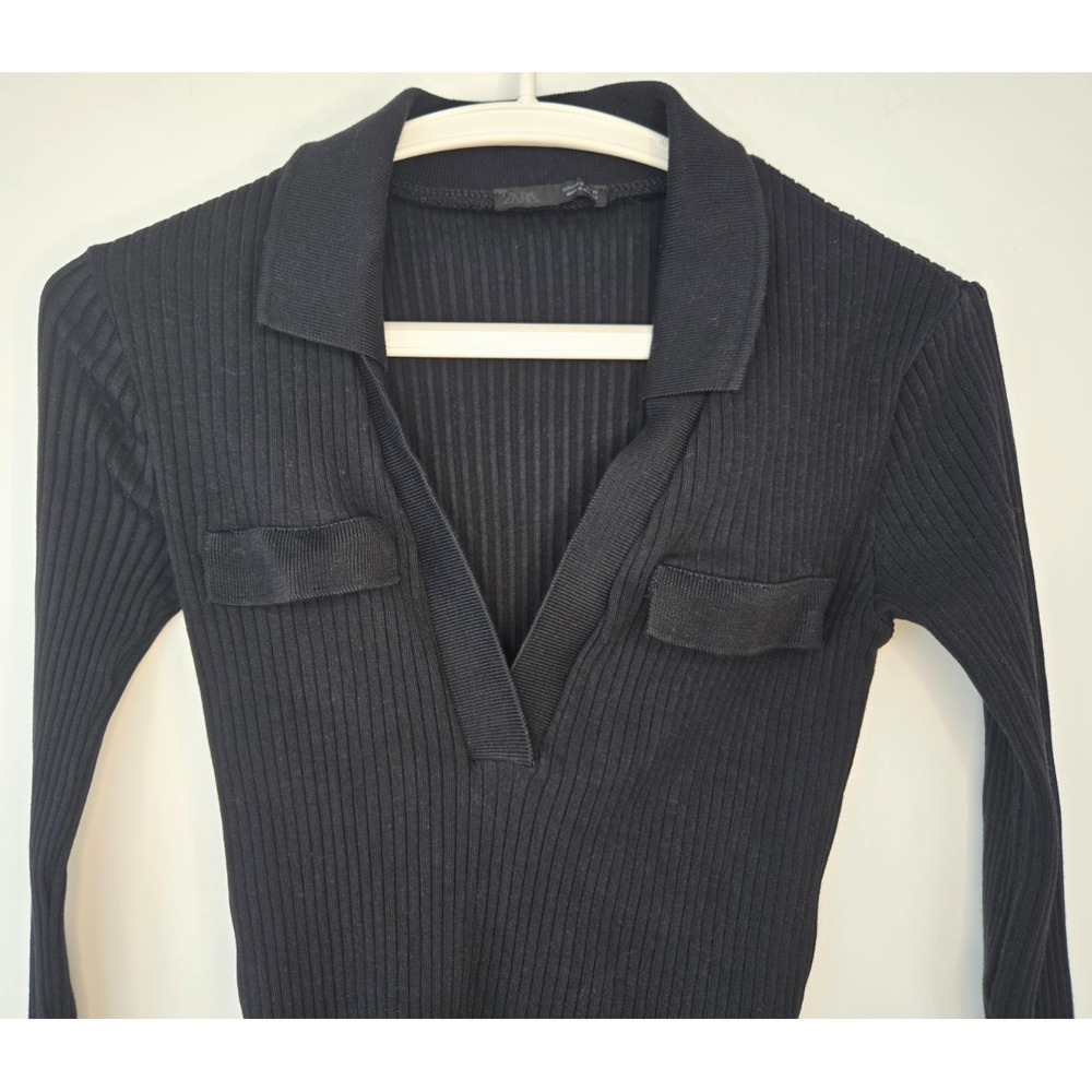 Zara Ribbed Collared Sweater V-Neck Cotton Front Fake Pockets Black Quiet Luxury - Picture 9 of 16
